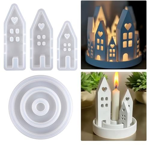 4-Stück Silikonform-Set: Kerzenhalter in Haus-Design! Epoxy- & Gips-Gießformen für Runde Teelichterhalters, Wiederverwendbar, Ideal für DIY-Kerzenstände, Weihnachtsdeko oder Epoxidharz-Kreationen