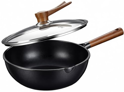 GZGLZDQ Wok et Sauteuse à Induction en Titane, Poêle Antiadhésive Légère Résistante aux Rayures avec Couvercle, Pour Plaques Induction, Gaz et Feux, Idéal pour Frire, Cuire à la Vapeur(Ø 30cm)