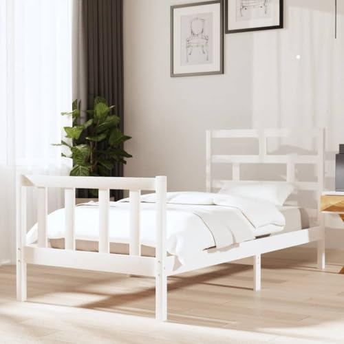 Mandloder Massivholzbett Weiß Kiefer 90x200 cm, Einzelbettrahmen mit Kopfteil, Robustes Holzbett für Schlafzimmer, modernes Design, langlebiges Bettgestell