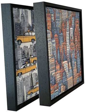 Pack 2 cuadros en Lienzo decorativo moderno con imagen de ciudad Nueva York | Cuadro para pared estilo urbano en caja americana negra 27x27 cms cada cuadro | Arte para casa, oficina o apartamento.