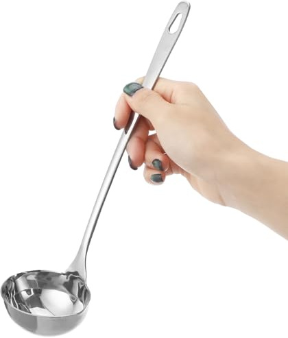 Ladle Stainless Steel, 27 cm Long Handle Gravy Ladle, Soup Ladle with Double Spouts, Mirror Polished Sauce Ladles, Ergonomic Cooking Utensil for Kitchen, Restaurant, Hot Pot