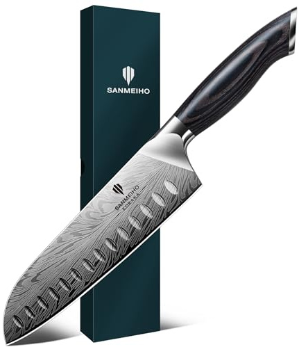 SANMEIHO Küchenmesser aus Pulverstahl, Japanisches Kochmesser Santokumesser, 18 cm Professionelle Chefmesser mit Hohem Kohlenstoffgehalt, Scharfes Küchenmesser mit Ergonomischem Pakkaholzgriff