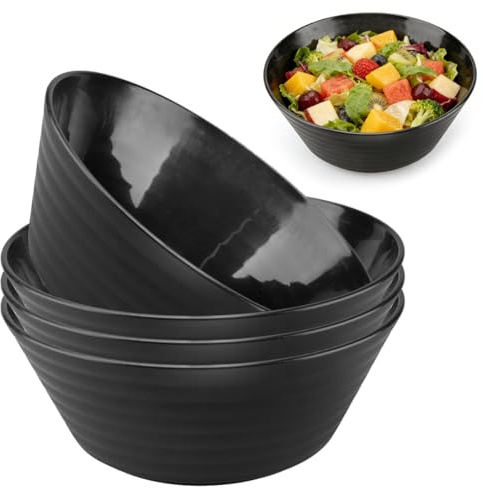 Ciotole Grandi Nere 4 Pezzi 1200ml, 20cm, Infrangibili e Leggere, Senza BPA, Ciotole Multiuso per Insalata Zuppa Cereali Dessert, Adatte a Microonde e Lavastoviglie, Cucina Famiglia Uso Quotidiano