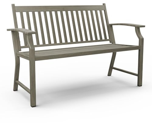Amopatio Gartenbank mit Lehne, Sitzbank wetterfest Metall Holzimitat, 3-Sitzer, stabile Stahlkonstruktion bis 240 kg belastbar, UV-beständig, 128x61x90cm, für Balkon, Park, Garten | Grau