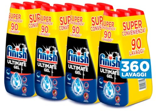 Finish Ultimate Gel, 4 confezioni di Tripacco Gel Detersivo Lavastoviglie, 360 lavaggi, 540 ml, Fresh, Extra Potere Sgrassante, Extra Brillantezza, Pulizia Profonda