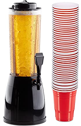 Relaxdays 51 Accessori da Birra, Torre da 2,5 Litri con Spillatore, 50x Bicchieri da Berr Pong in Plastica Rossa