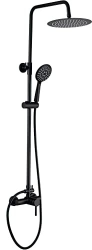 VALAZ Columna Ducha Monomando Negro Mate | Mezclador Agua Fría y Caliente, Ahorro de Agua | Instalación Fácil y Rápida | Inoxidable, Redonda, Longitud 80-120 cm, Rociador 20 cm, Serie Ebro