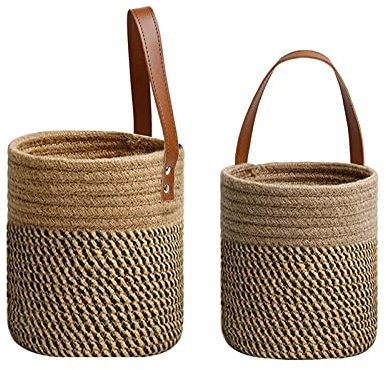 Hängende Aufbewahrungskörbe mit Ledergriff Gewebte zum Pflanzen, Handtücher, Spielzeugaufbewahrung, 2er-Pack (Jute + Schwarz)