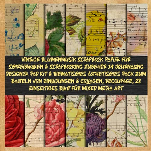 Vintage Blumenmusik Scrapbook Papier für Schreibwaren & Scrapbooking Zubehör 14 Journaling Designer Pad Kit & thematisches ästhetisches Pack zum ... 28 einseitiges Blatt für Mixed Media Art