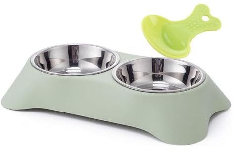 Double Dog Bowl,Non Slip Stainless Steel Double Bowls (M, Green) | Non-spill Pet Double Bowls with 1 Pet Food Spoop For Small Dogs and Cats
