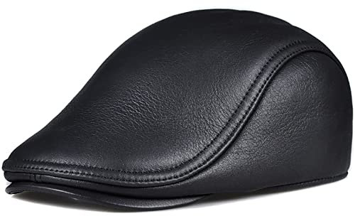 WHSPORT Herren Schiebermütze Ivy Gatsby Cabbie Cap Leder Driving Duckbill Baskenmütze Hut Ballonmütze Flat Cap (Color : Black, Size : 55-56)