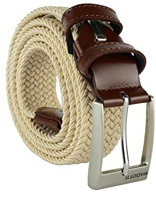 Laura Biagiotti Biagiotti Cintura Elastica Intrecciata, Uomo e Donna, Con Inserti in Vera Pelle e Scatola Regalo (125 (taglia 54-56), Beige)