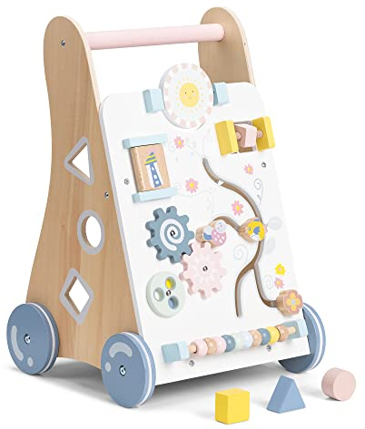 Navaris Lauflernwagen Baby Activity Wagen - Holz Lauflernhilfe mit Spielelementen - Spielwagen Laufwagen Holzspielzeug ab 12 Monaten - beige bunt