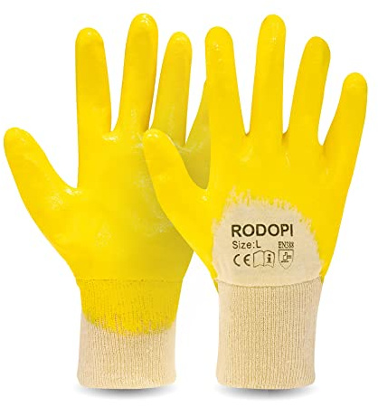 RODOPI LUBRIX Arbeitshandschuhe für Herren und Damen Nitril beschichtet Gummihandschuhe gelb Nitrilhandschuhe Ölresistent Handschuhe Gartenhandschuhe (60 Paar, 9)