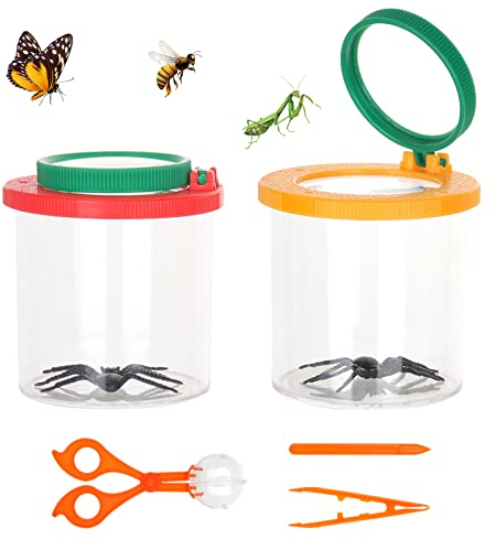 FENGQ Becherlupe Lupenbecher Set, 2 Stück Becherlupen für Kinder, lupenglas für Kinder, Lupendose mit Pinzette, Insektenfallen, Kugelclip, für Outdoor Wissenschaft Natur Erkundung