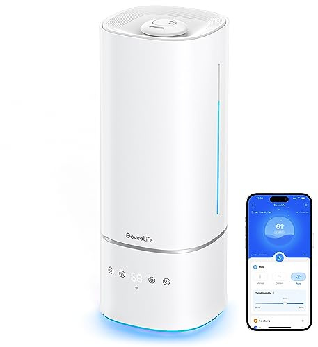 GoveeLife Humidifiers for Bedroom, 6L Top Fill Cool Mist Humidifier for Large Room, Auto Mode, Adjustable Mist, Quiet Sleep Mode, WiFi Smart Air Humidifier with RGB for Baby, Plants, Work with Alexa