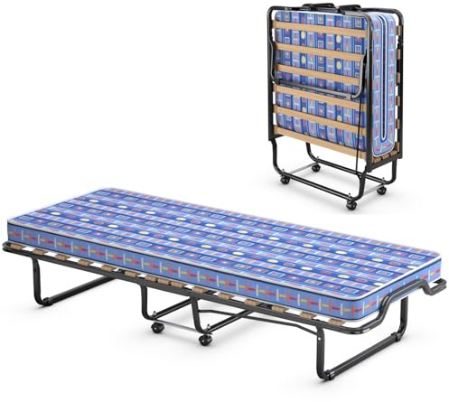 GOPLUS Gästebett 80×200cm, Klappbett mit Metallgestell & Memoryschaum-Matratze, Einzelbett mit 4 Universalrädern für Büro, Schlafzimmer & Wohnzimmer (Blau, 80×200 cm)