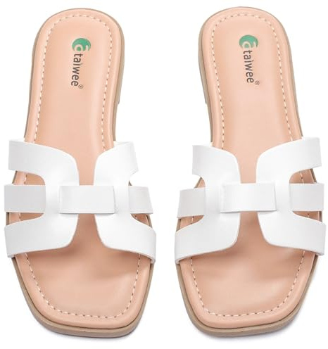 Ataiwee Women's Flat Slide Sandals - Casual Slip-On, Criss Cross Summer Dress Sandals.(2307018,WT/MF,6 UK)