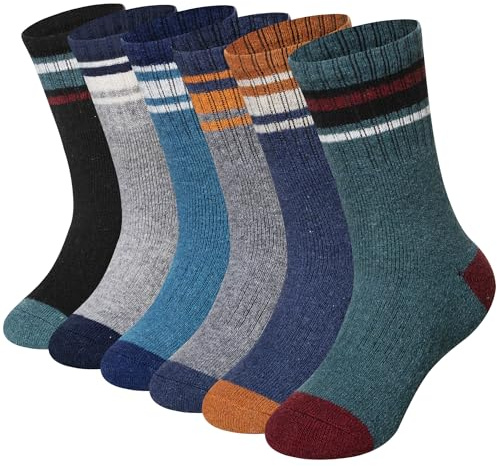 WEVIAS 6 Pairs Kids Merino Wool Hiking Socks Boys Thermal Winter Cosy Warm Padded Socks, 6 pairs strips # B, 8-12 Jahre