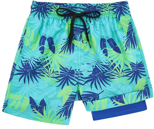 Kids4ever Badbyxor för pojkar snabbtorkande kompressionsshorts med anti-skavning foder boxershorts badkläder strandshorts från 7 till 18 år, Blad, 10-12 år
