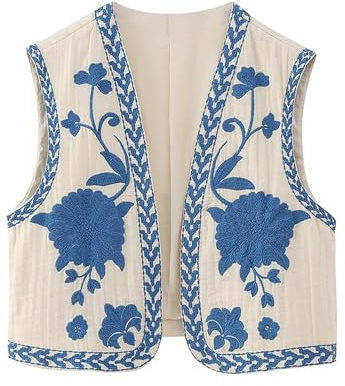 Damen-Weste, Vintage-Stickerei, Blumenweste, ärmellos, Pailletten, Oberbekleidung, Cardigan, Weste, Weste, Leinen, Streetwear