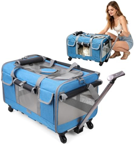 PETCUTE transportväska för katt med hjul, andningsbar katttransportväska för 2 katter, vikbar katttransportbox hundbärväska med teleskophandtag, avtagbar matta, perfekt för resor