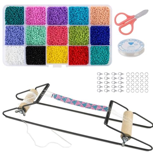 SagaSave Perlenwebrahmen Satz mit 15 Farben Perlen, Perlen Loom Webrahmen Perlenwebstuhl Kit Strickmaschine für DIY Handgemachte Schmuck Armbänder (Schwarz)