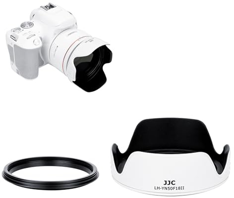JJC Paraluce con Anello Adattatore per Yongnu. YN 50 mm f/1.8 II, Paraluce Reversibile per Copriobiettivo e Filtri da 58 mm, Bianco | Blocca luce|Interno opaco|No vignettatura|Filtro 58mm|Ripiegabile