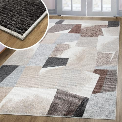 oKu-Tex Tapis Salon | Harmonia | Tapis de Salon | Motif Moderne | Scandi Design | Patchwork | Effet Haute Profondeur | Beige | 160x230cm