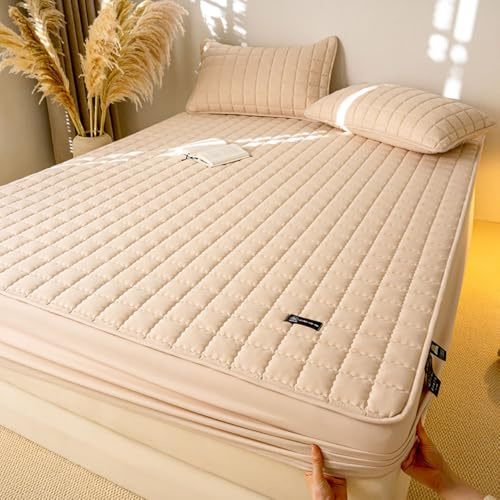 Highdi Spannbettlaken Wasserdichtes, Warm Baumwolle Spannbetttücher Auslaufsicheres TPU Spannbetttuch, Weiche Spannleintuch Bettlaken für Hohe Matratze Steghöhe 5-30cm (180x200cm,Khaki)