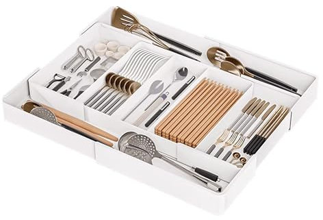 lesulety Besteckkasten Für Schubladen Besteckbox Besteckeinsatz Für Schubladen 40 cm Schubladeneinsatz Küche Besteckkasten Schmal Besteck Organizer Skalierbar Weiß,C