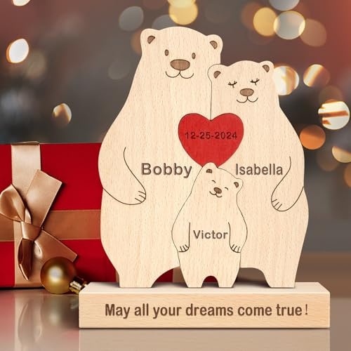 Personalisiertes Holzkunstpuzzle der Bär Familie mit 1-8 Namen, benutzerdefinierte Familienname Skulptur Jigsaw, Tier Dekorativ Ornament Ideen für Geburtstag Weihnachten Jubiläum Muttervatertag
