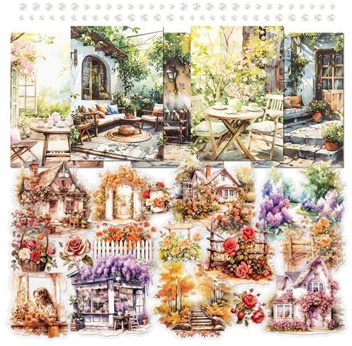 2 Packungen Gartenhof-Thema Scrapbooking-Aufkleber Collagen-Dekorpapier Einseitiges Muster Vintage Blume Schmetterling für Junk Journal Fotoalbum Hintergrund Kartenherstellung (Mia)