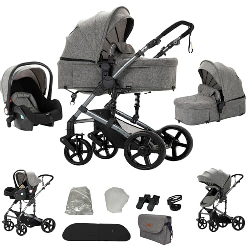 Veitoalioy Carrito Bebe 3 en 1, Portátil Cochecito Plegable, Carrito de Paisaje Alto Se puede empujar hacia adelante y hacia atrás, Cochecito de Bebé Conveniente y Multifuncional (588 Grey)