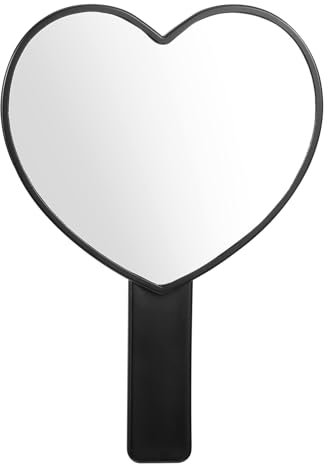 Bremorou Miroir à main avec poignée - Miroir à main en forme de cœur - Petit miroir de maquillage de voyage - Miroir de camping - Pour filles et femmes - 18,5 x 12,7 cm - Noir