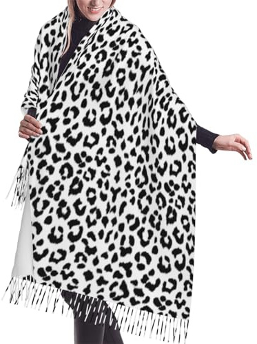YOFIEN Schwarz-weißer Leopardendruck mit Monogramm, Schals mit Kaschmirgefühl, Wickelschal für Damen, Winterschal mit Fransen, leichte Stola