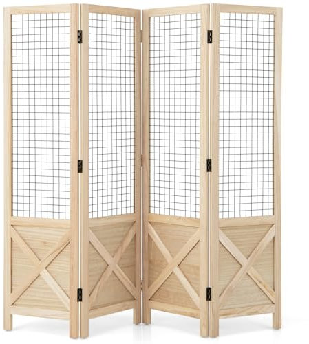 GOPLUS Biombo Separador de Ambientes de 4 Paneles, 151 x 144 cm, Separador de Ambientes Plegable de Madera con Rejilla de Metal, Biombo de Privacidad Decorativa para Oficina, Salón, Natural