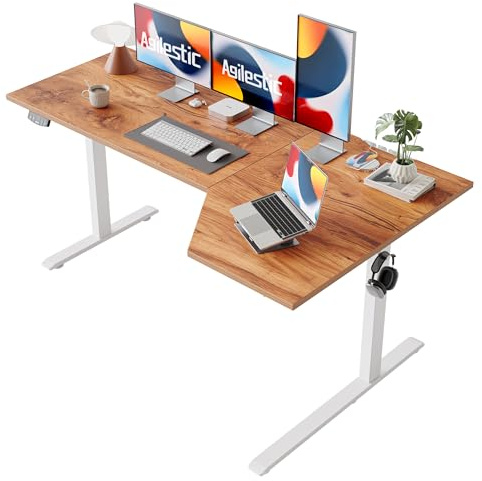 Agilestic elektriskt ståbord, L-format 160 x 90 cm höj- och sänkbart skrivbord, sit-stand-skrivbord för hemmakontoret, ergonomiskt lyftbart datorskrivbord med skarvbräda, ljusbrun