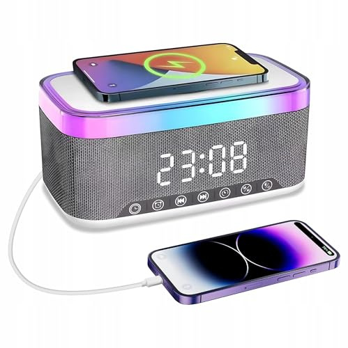 Radio wecker Digital mit Ladestation, 15W Fast Wireless Charger, Digitaler Radiowecker mit Bluetooth Lautsprecher, 13 LED-Leuchten, USB-Kabelloser Ladegerät, FM-Radio, Smart Wecker mit ladefunktion