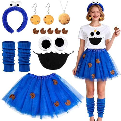 Damen Krümelmonster Kostüm, Monster Kostüm Damen, Karneval Lustige Kostüme, Cookie Monster Haarreif, Augen & Mund Keks Aufkleber, Halskette Ohrring Blaue Beinstulpen, Damen Kostüm für Karneval(Blau)