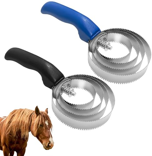 Minfuerang 2Pcs Cavalli Striglia a Spirale 4 Anelli, Metallo Spazzola per Prurito, Pettine per Curry di Cavallo per Cambiare Pelliccia (Blu + Nero)