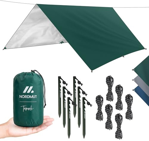 NORDMUT® Tarp 3x3/4m Impermeabile – Protezione Ottimale da Pioggia e Sole – Telo Robusto con Occhielli, Compatto – Ultralight per Campeggio & Escursionismo (Verde / 300 x 300 cm)