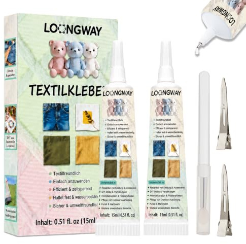 Textilkleber, 2 Stück-15ml Kein Nähen erforderlich, Spezialkleber Textil Stoffkleber für Baumwolle, Jeans und mehr Geeignet für raue, Wasch- und bügelbeständig Stoffkleber Textilkleber