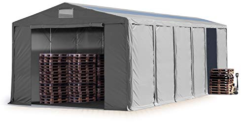 TOOLPORT Lagerzelt Industriezelt 8x12 m Zelthalle mit Oberlicht 3,6m Seitenhöhe PVC Plane 850 N grau wasserdicht Ganzjahreszelt mit Reißverschlusstor