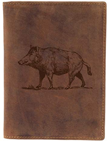 Greenburry Vintage Ausweismappe Leder - Jagdscheinetui mit Wildschwein Motiv - Jäger Ausweismappe mit Wildsau Motiv - 16,5x15x12cm