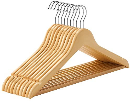 SONGMICS Percha de Madera Maciza, Juego de 10, con Ranuras para Hombros, Barra Antideslizante para Pantalones, Gancho Giratorio de 360°, para Trajes, Camisas, Abrigos, Natural y Plata CRW001-10