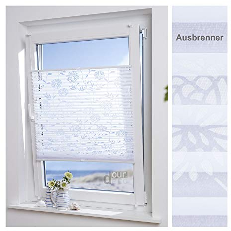 ourdeco® Plissee Ausbrenner mit Blumenmotiv; 80 x 210 cm weiß, Blumenmotiv durchsichtig, lichtdurchlässig/Klemmen=Montage ohne Bohren=Smartfix=Klemmfix-Plissee=Easy-to-fix