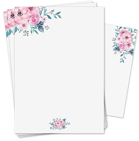 Briefpapier Set Aquarell-Blumen Rose mit Umschlägen I 50 Blatt 90 g/m² DIN A4 I stilvolles Schreibpapier vielseitig verwendbar grün rosa I Geburtstag Urkunde Speisekarte I dv470