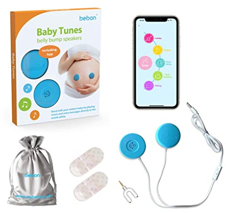 Baby-Bump hörlurar – spelar och delar musik, ljud och röster till kvinnan – Premium Baby Bump högtalarsystem – inklusive bebon Tunes APP (iOS och Android) (blå)
