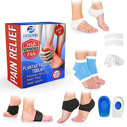 Plantar Fasciitis Foot Pain Relief 14-Piece Kit – Premium Planter Fasciitis Support, Gel Heel Spur & Therapy Wraps, Compression Socks, Foot Sleeves, Arch Supports, Heel Cushion Inserts & Grips